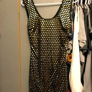 L.A. Glo black dress with metallic gold polka dot